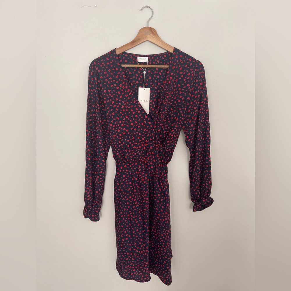 VILA Navy Blue and Red Floral Wrap Dress